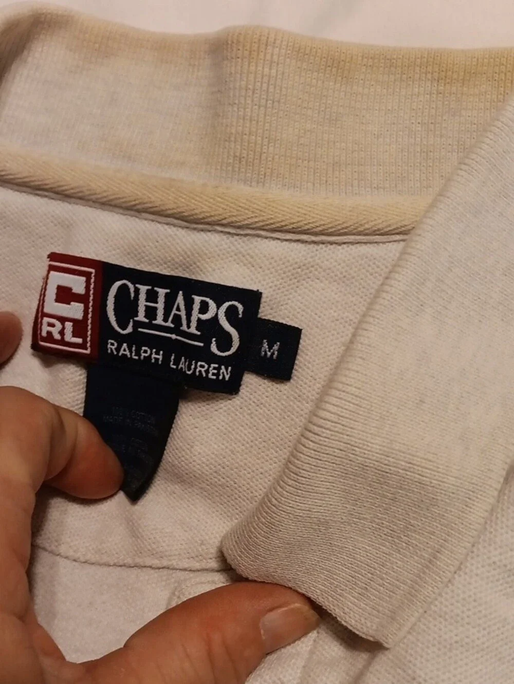 Chaps Men's Cream Polo with Navy Double Stripe M